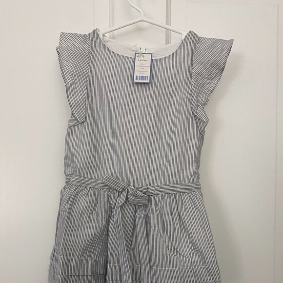 NWT Jacadi Girls Dress Pinafore Sleeveless Ruffle Belt Gray Blue Stripe 2T 88cm - Picture 2 of 6